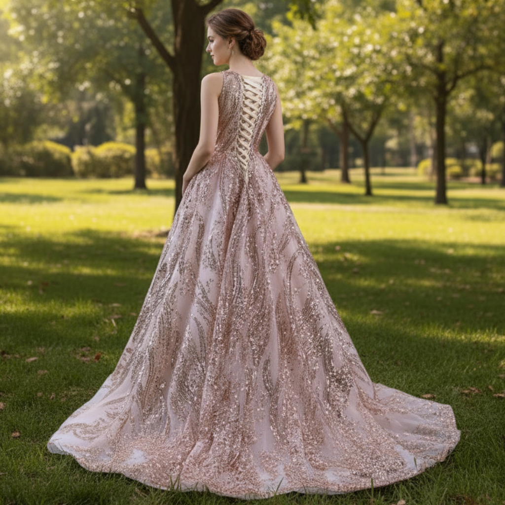Elegant Rose Gold Sequin Lace Prom Dress High Neck Formal Gown Rosymae Elegant Rose Gold Sequin Lace Prom Dress High Neck Formal Gown Rosymae