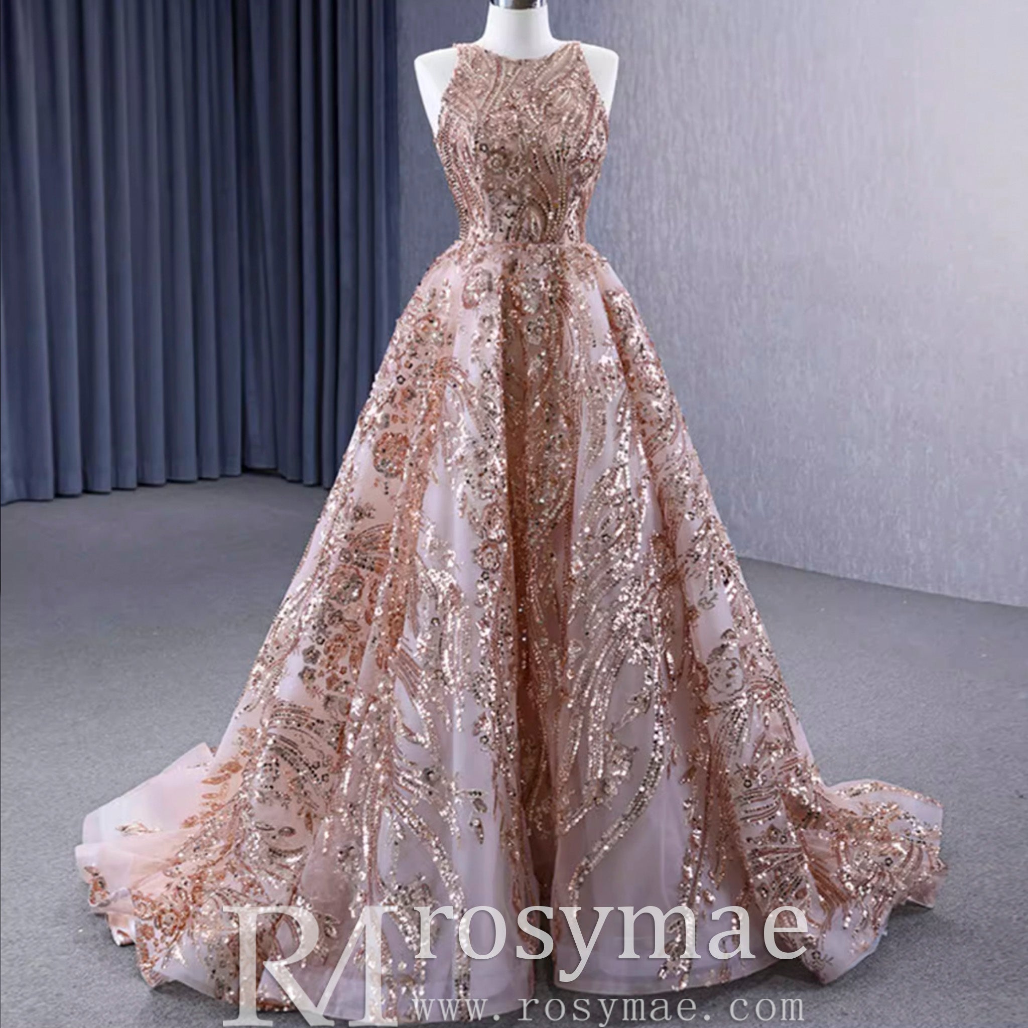 Elegant Rose Gold Sequin Lace Prom Dress High Neck Formal Gown Rosymae Elegant Rose Gold Sequin Lace Prom Dress High Neck Formal Gown Rosymae