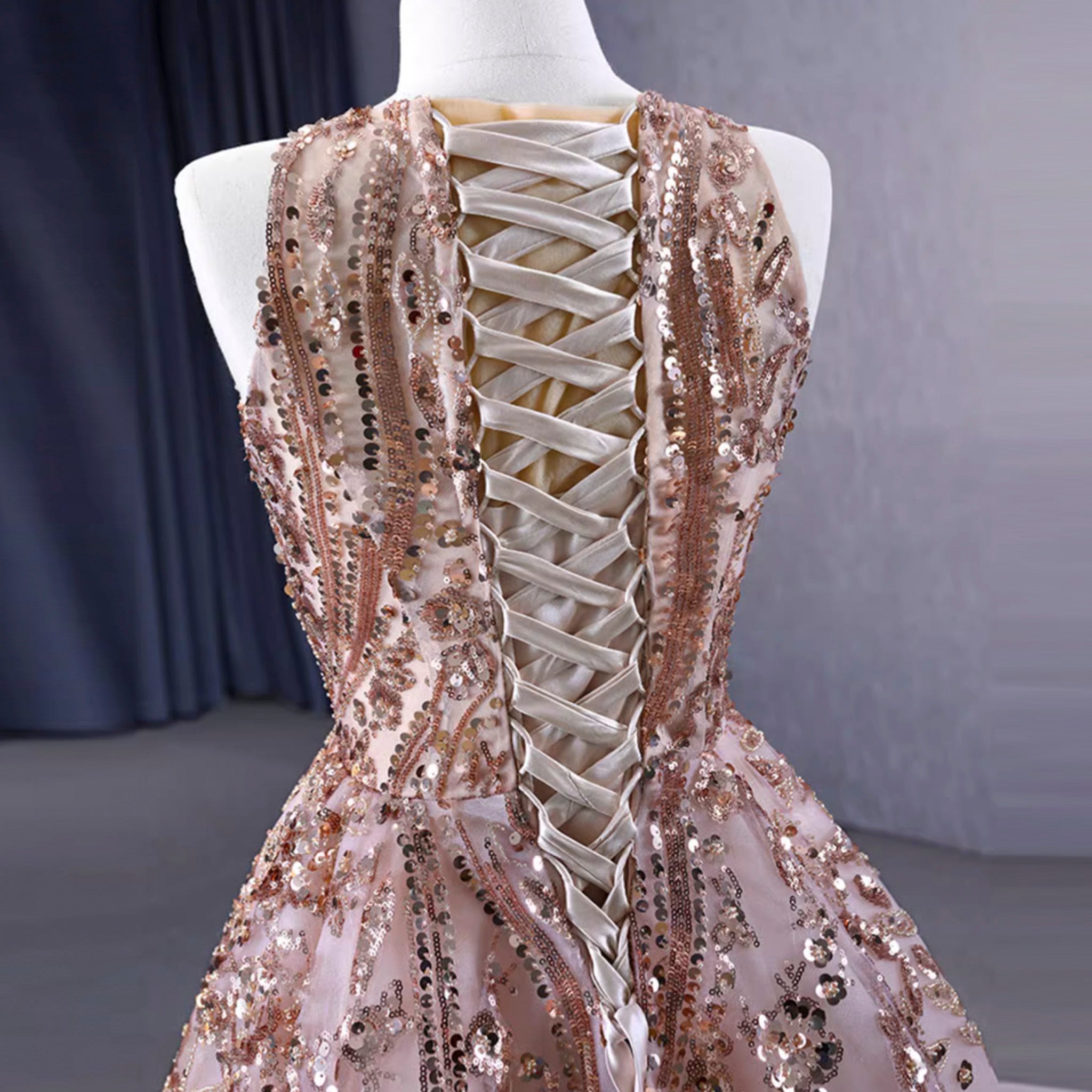 Elegant Rose Gold Sequin Lace Prom Dress High Neck Formal Gown Rose Gold / Custom Size Elegant Rose Gold Sequin Lace Prom Dress High Neck Formal Gown Rose Gold / Custom Size