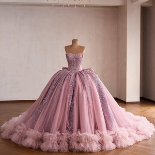 Pink Sparkly Quinceañera Dress with Multi-Layered Back Bow & Voluminous Tiered Ruffles