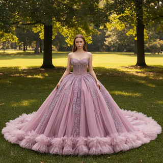 Pink Sparkly Quinceañera Dress with Multi-Layered Back Bow & Voluminous Tiered Ruffles