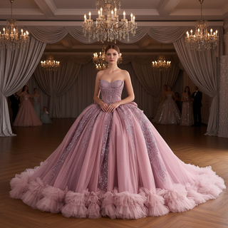 Pink Sparkly Quinceañera Dress with Multi-Layered Back Bow & Voluminous Tiered Ruffles
