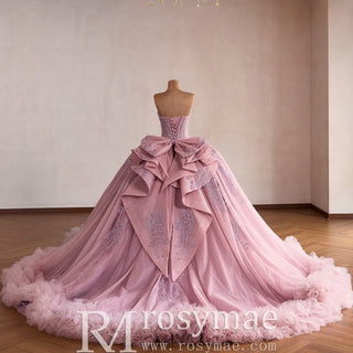 Pink Sparkly Quinceañera Dress with Multi-Layered Back Bow & Voluminous Tiered Ruffles