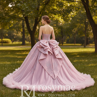 Pink Sparkly Quinceañera Dress with Multi-Layered Back Bow & Voluminous Tiered Ruffles