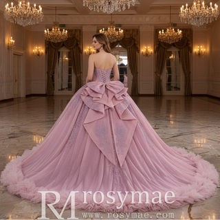 Pink Sparkly Quinceañera Dress with Multi-Layered Back Bow & Voluminous Tiered Ruffles