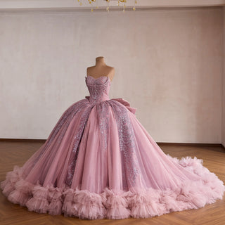 Pink Sparkly Quinceañera Dress with Multi-Layered Back Bow & Voluminous Tiered Ruffles