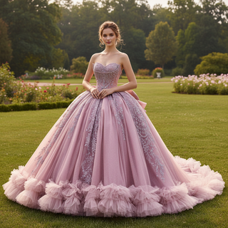 Pink Sparkly Quinceañera Dress with Multi-Layered Back Bow & Voluminous Tiered Ruffles