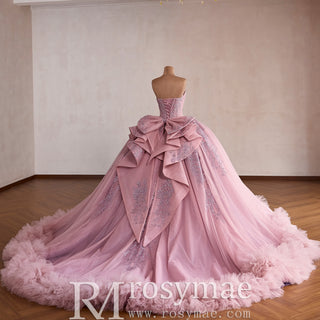 Pink Sparkly Quinceañera Dress with Multi-Layered Back Bow & Voluminous Tiered Ruffles