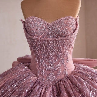 Pink Sparkly Quinceañera Dress with Multi-Layered Back Bow & Voluminous Tiered Ruffles