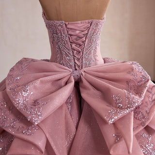 Pink Sparkly Quinceañera Dress with Multi-Layered Back Bow & Voluminous Tiered Ruffles