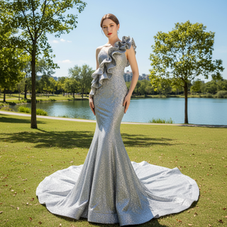 Haute Couture Silver Mermaid Prom Dress Sequin Pageant Gown