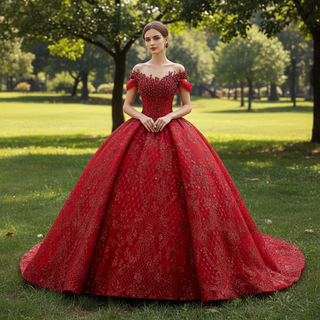 Fairytale Off Shoulder Sparkly Red Quinceanera Dresses with Basque Waist