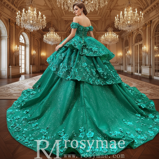 Sparkly Floral Ball Gown Wedding Dress Formal Gown with Off the Shoulder