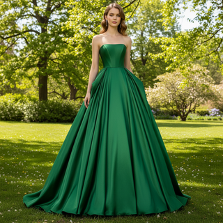 Women Taffeta Strapless Party Dress Ball Gown Ruffle Prom Gown