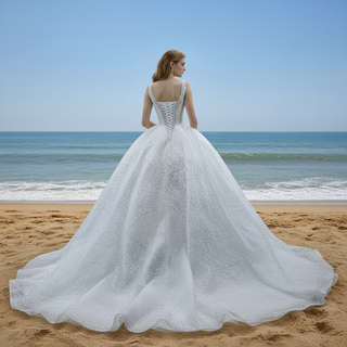 Gorgeous Beading Pearl Sequins Wedding Dress with Square Neck