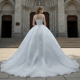 Gorgeous Beading Pearl Sequins Wedding Dress with Square Neck