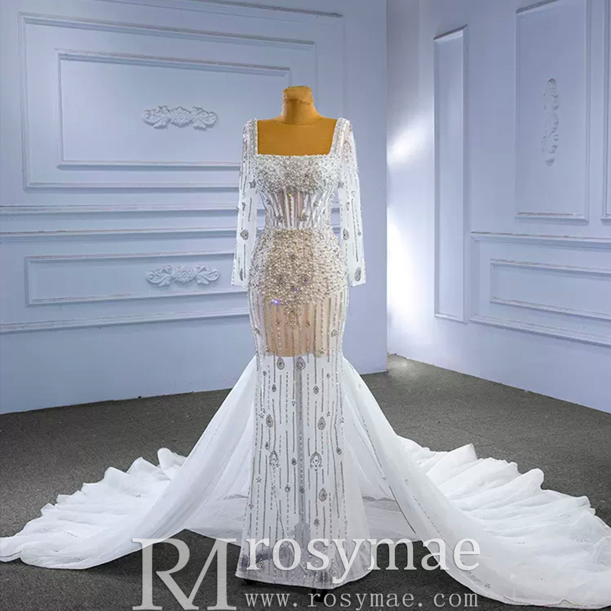 Mermaid Beaded Square Neck Sheer Wedding Dress with Long Sleeves White / Custom Size Mermaid Beaded Square Neck Sheer Wedding Dress with Long Sleeves White / Custom Size