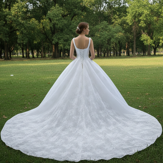 Embroidery Lace Square Neck Ball Gown Wedding Dress with Wide Strap