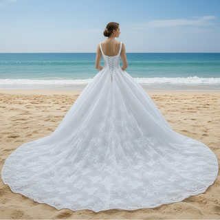 Embroidery Lace Square Neck Ball Gown Wedding Dress with Wide Strap