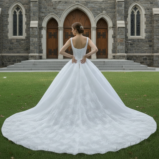 Embroidery Lace Square Neck Ball Gown Wedding Dress with Wide Strap