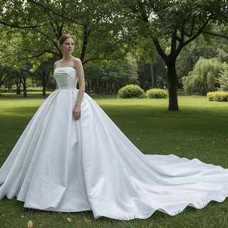 Strapless Straight Neck Satin Wedding Dress with Puffy Skirt