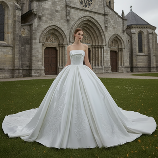 Strapless Straight Neck Satin Wedding Dress with Puffy Skirt