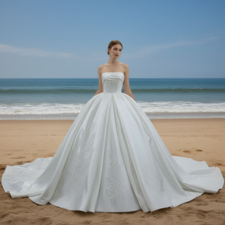 Strapless Straight Neck Satin Wedding Dress with Puffy Skirt