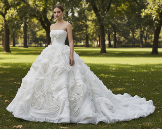 Robe de mariée de luxe en tulle avec corsage perlé et volants floraux en cascade