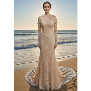 Beaded Lace Mermaid Wedding Dress with Sequins & Eyelash Lace Hem