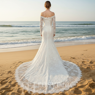 Beaded Lace Mermaid Wedding Dress with Sequins & Eyelash Lace Hem
