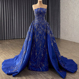 Blue Luxury Beaded Mermaid Formal Gown Wedding Dress with Overskirt