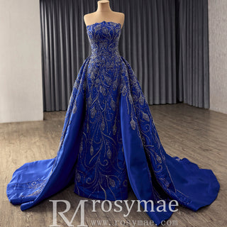 Blue Luxury Beaded Mermaid Formal Gown Wedding Dress with Overskirt