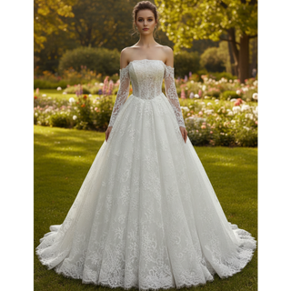 Strapless Lace Ball Gown Wedding Dress Bridal Gown with Eyelash Lace Trim