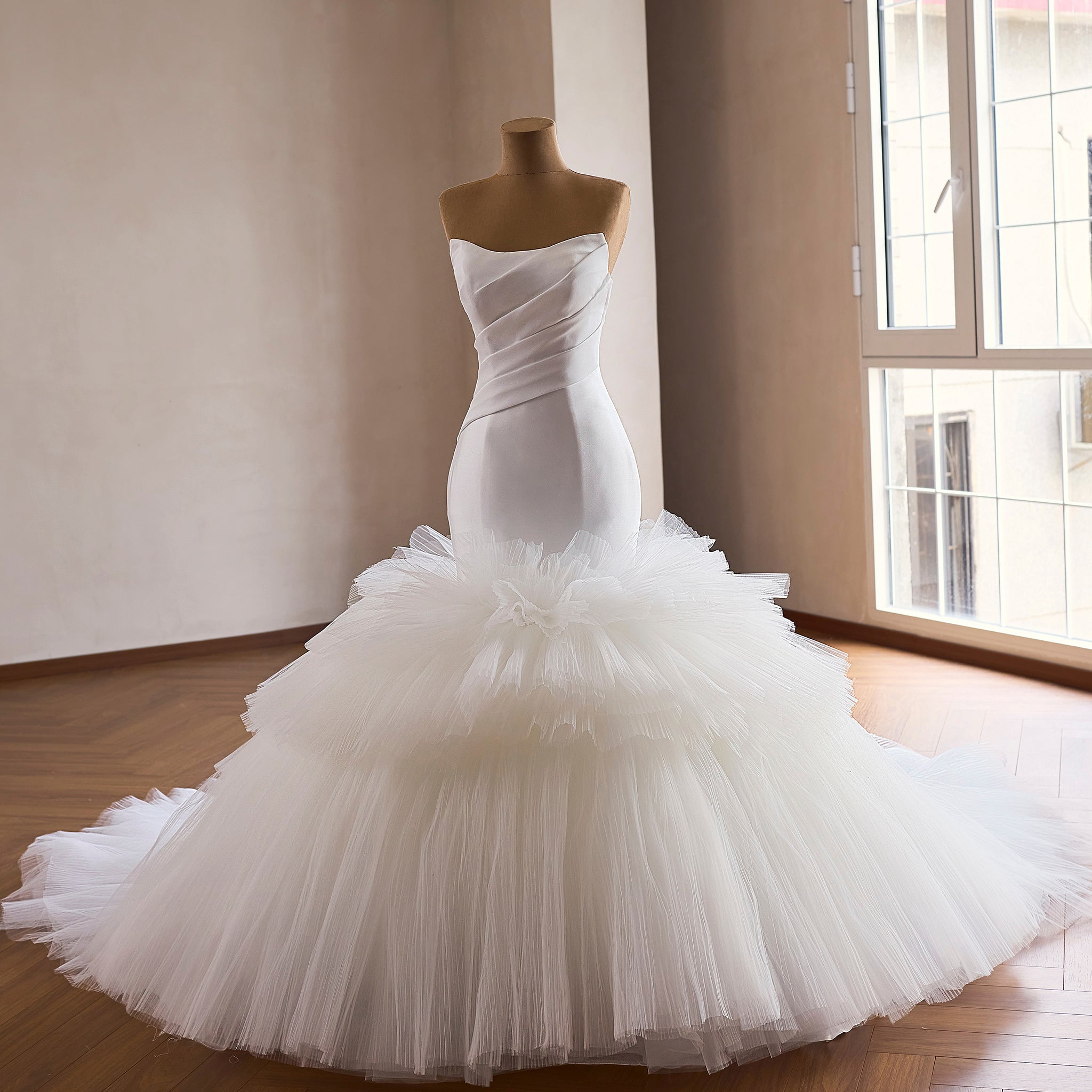 Draped Strapless Mermaid Wedding Dress Fit-and-Flare Tulle Gown with Ruffled Skirt White / 18W Draped Strapless Mermaid Wedding Dress Fit-and-Flare Tulle Gown with Ruffled Skirt White / 18W