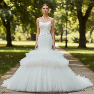 Draped Strapless Mermaid Wedding Dress Fit-and-Flare Tulle Gown with Ruffled Skirt