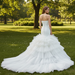 Draped Strapless Mermaid Wedding Dress Fit-and-Flare Tulle Gown with Ruffled Skirt