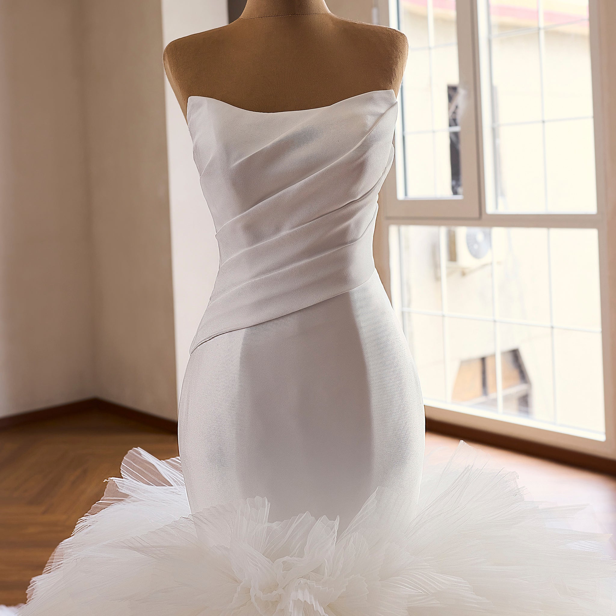 Draped Strapless Mermaid Wedding Dress Fit-and-Flare Tulle Gown with Ruffled Skirt White / 18W Draped Strapless Mermaid Wedding Dress Fit-and-Flare Tulle Gown with Ruffled Skirt White / 18W
