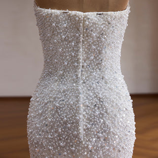 Luxury Pearl & Sequin Mermaid Wedding Dress with Detachable 3D Floral Overskirt Train