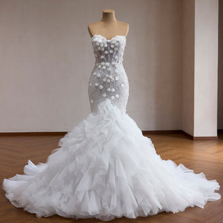 Sweetheart Pearl & Sequin Mermaid Wedding Dress with 3D Floral & Ruffle Train