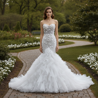 Sweetheart Pearl & Sequin Mermaid Wedding Dress with 3D Floral & Ruffle Train