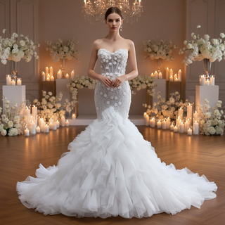 Sweetheart Pearl & Sequin Mermaid Wedding Dress with 3D Floral & Ruffle Train