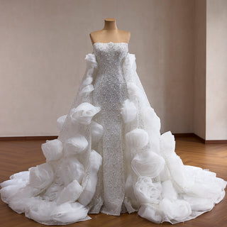 Luxury Pearl & Sequin Mermaid Wedding Dress with Detachable 3D Floral Overskirt Train