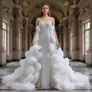 Luxury Pearl & Sequin Mermaid Wedding Dress with Detachable 3D Floral Overskirt Train