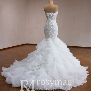 Sweetheart Pearl & Sequin Mermaid Wedding Dress with 3D Floral & Ruffle Train