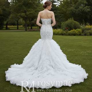 Sweetheart Pearl & Sequin Mermaid Wedding Dress with 3D Floral & Ruffle Train
