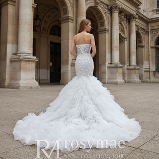 Sweetheart Pearl & Sequin Mermaid Wedding Dress with 3D Floral & Ruffle Train