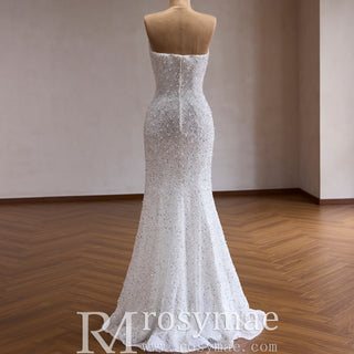 Luxury Pearl & Sequin Mermaid Wedding Dress with Detachable 3D Floral Overskirt Train