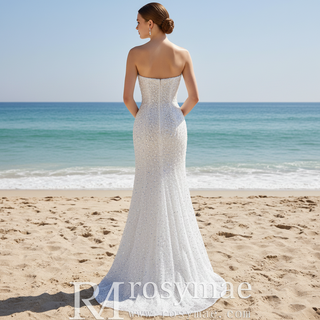Luxury Pearl & Sequin Mermaid Wedding Dress with Detachable 3D Floral Overskirt Train