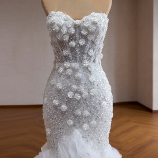 Sweetheart Pearl & Sequin Mermaid Wedding Dress with 3D Floral & Ruffle Train