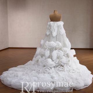 Luxury Pearl & Sequin Mermaid Wedding Dress with Detachable 3D Floral Overskirt Train